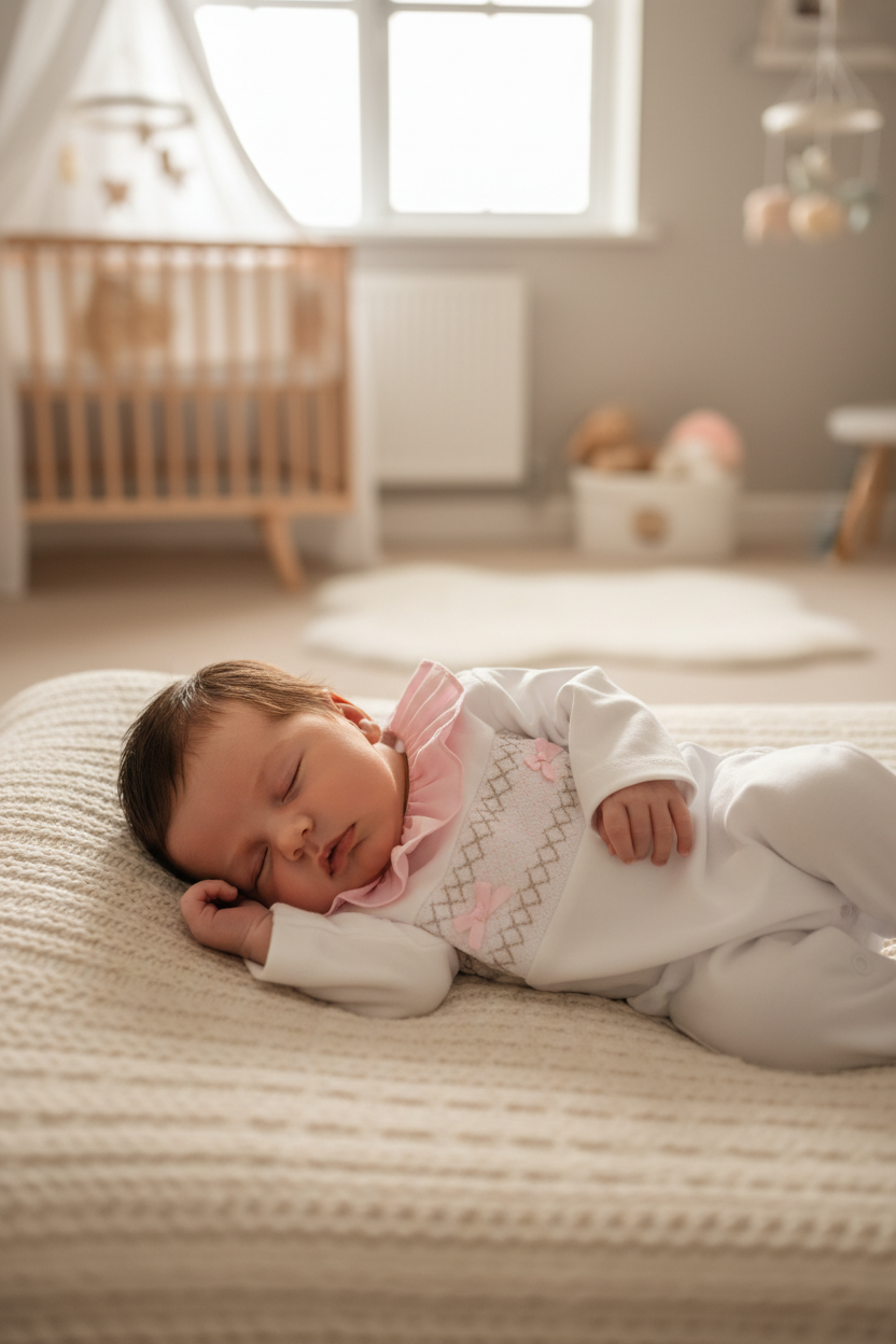 Baby girls smocked all in one with frilled collar