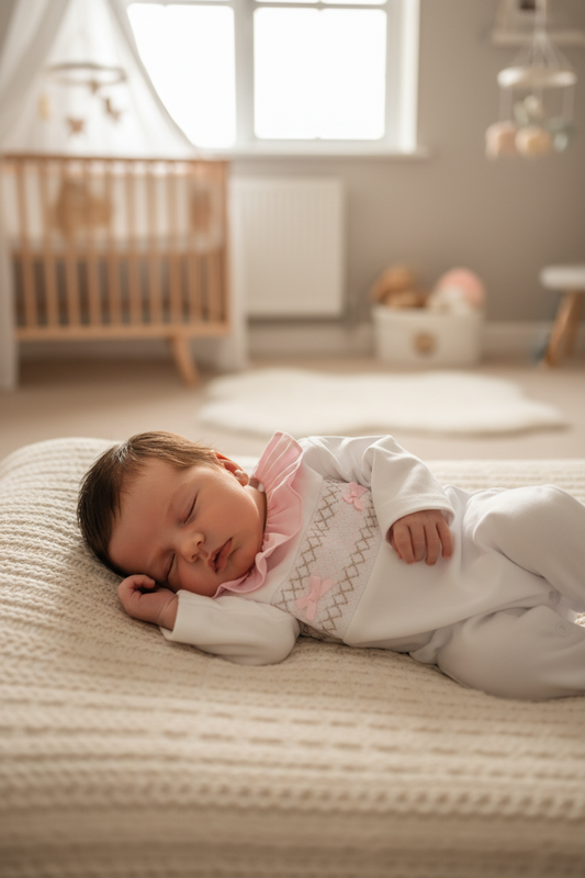 Baby girls smocked all in one with frilled collar