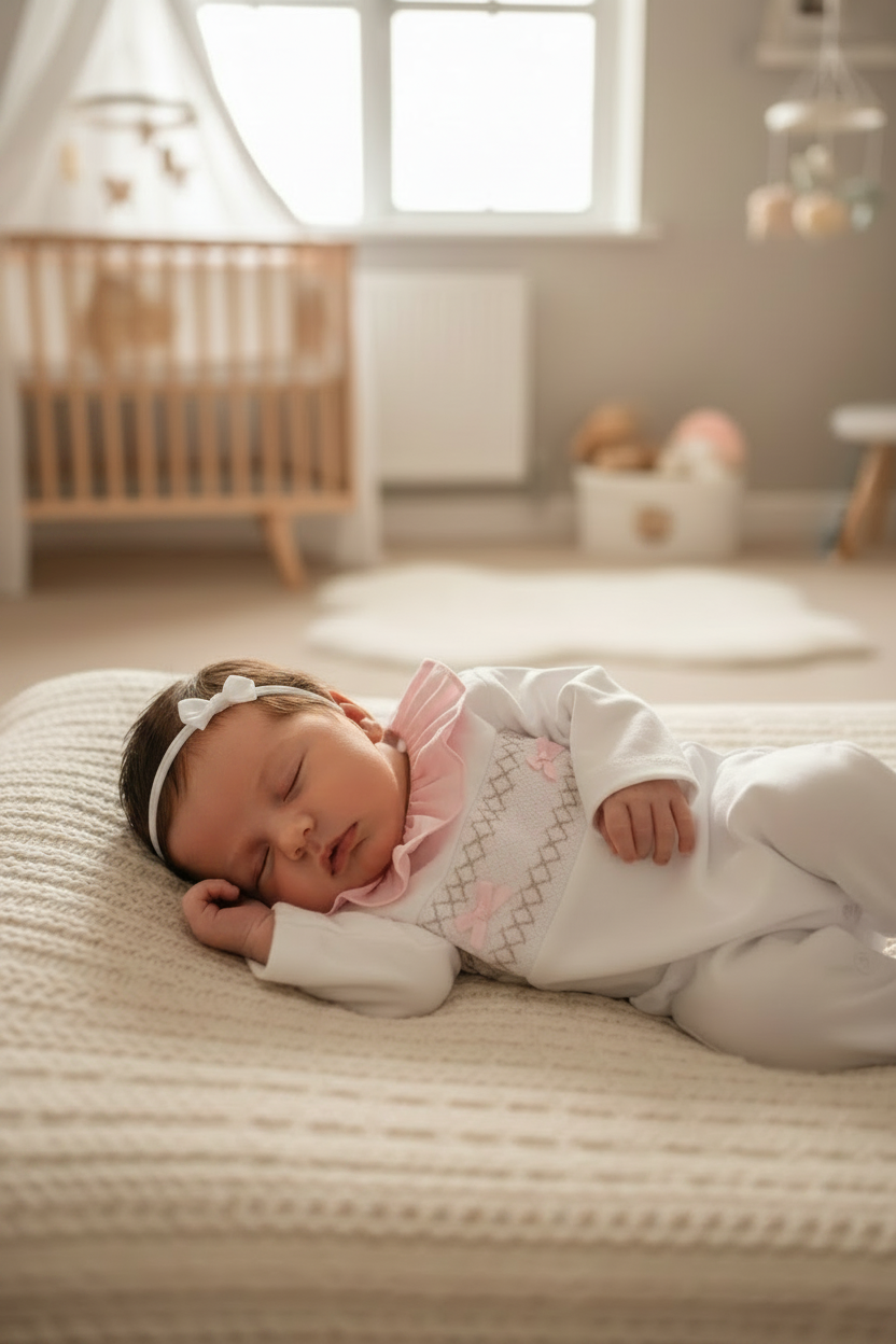 Baby girls smocked all in one with frilled collar