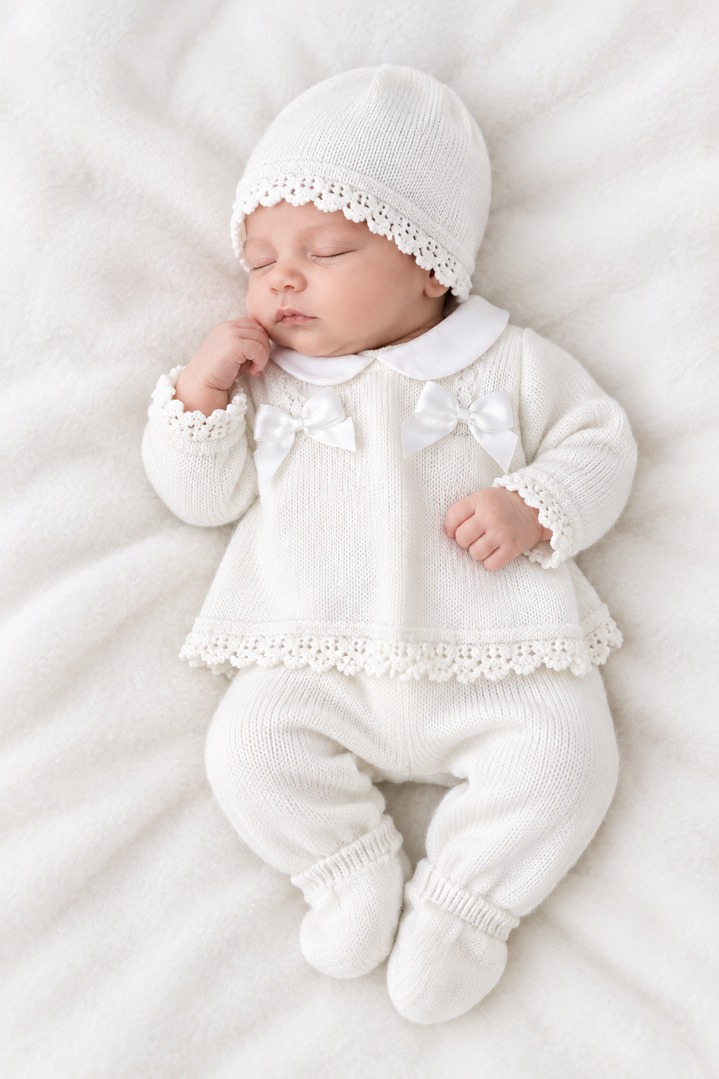 Baby girls Portuguese double bow knitted set with hat - One size only newborn-3m