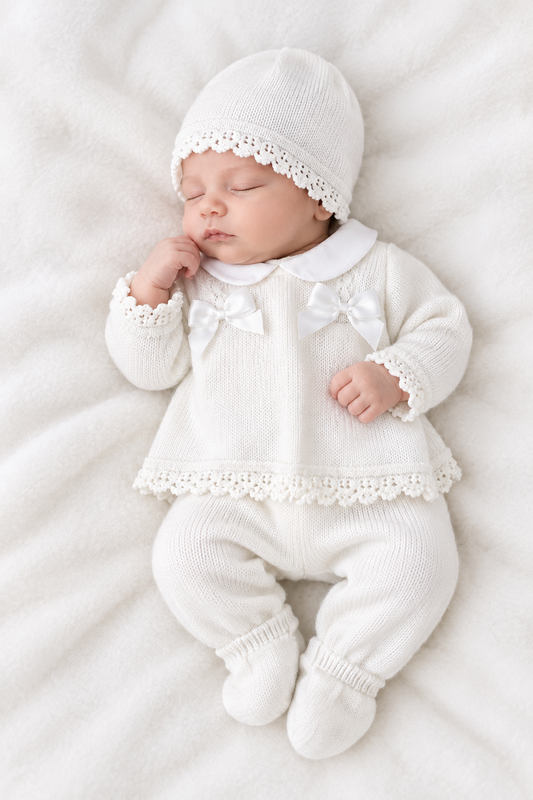 Baby girls Portuguese double bow knitted set with hat - One size only newborn-3m