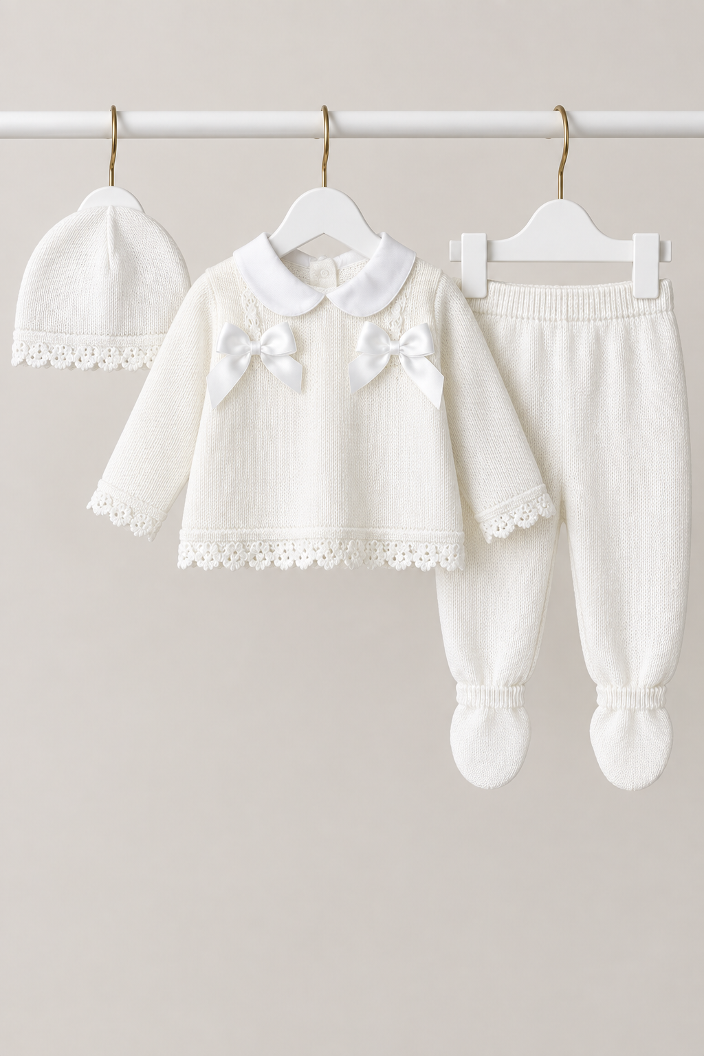 Baby girls Portuguese double bow knitted set with hat - One size only newborn-3m