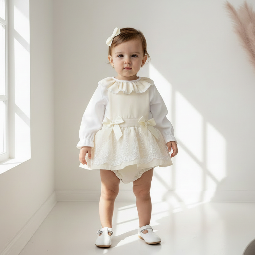 Baby girls “Penelope” lace pinafore dress and blouse set