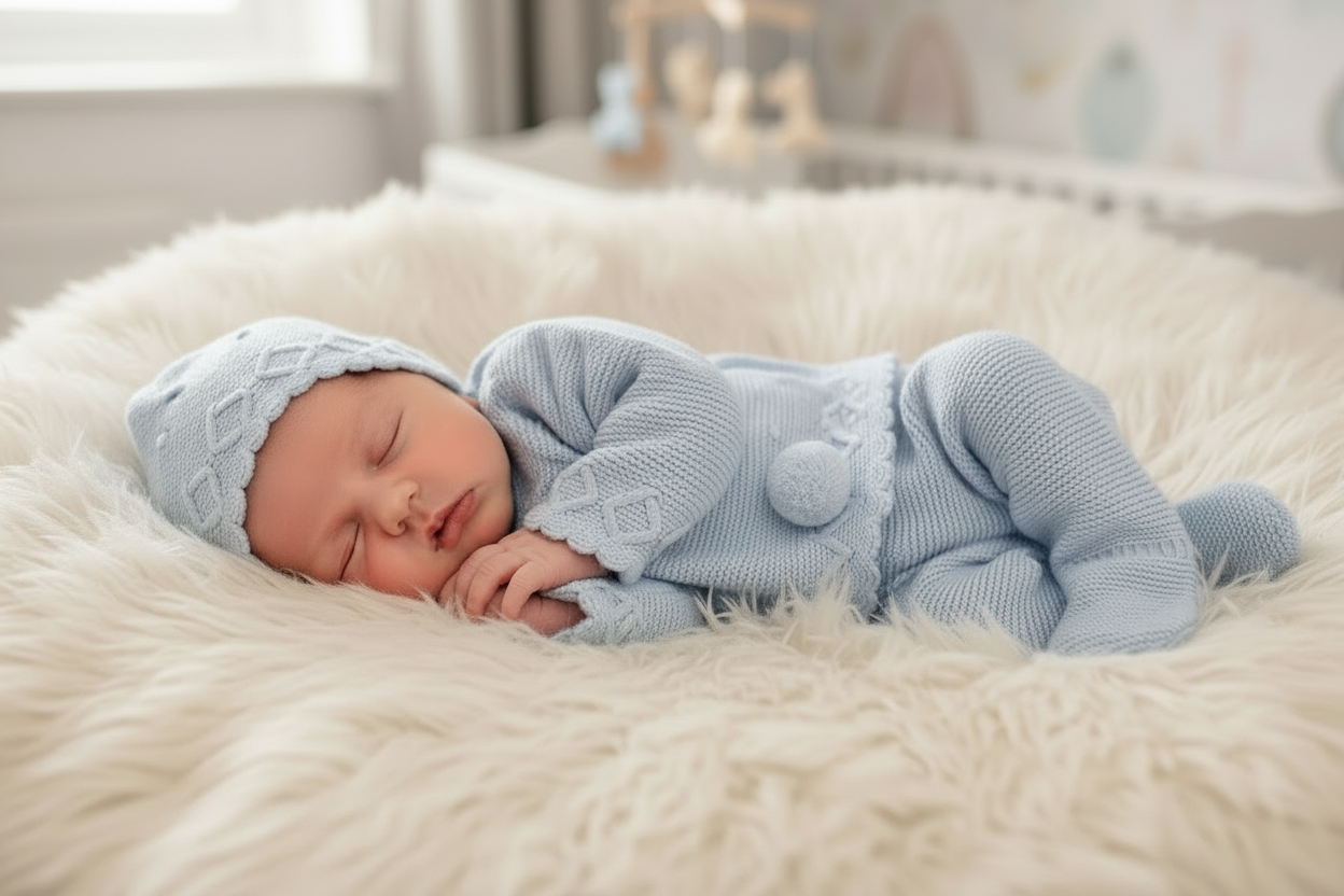 Baby boy’s luxurious knitted set with matching bonnet