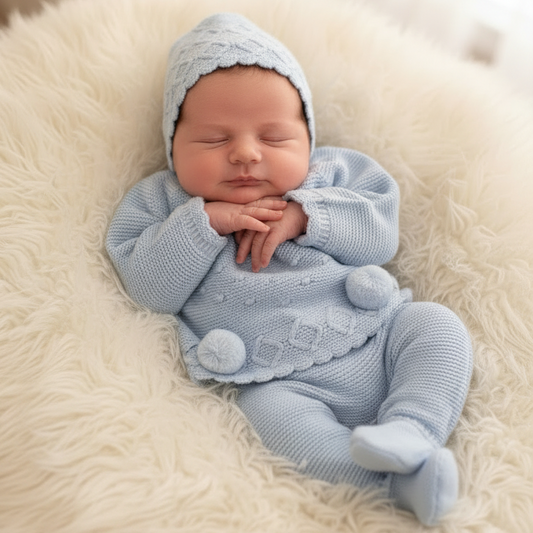 Baby boy’s luxurious knitted set with matching bonnet