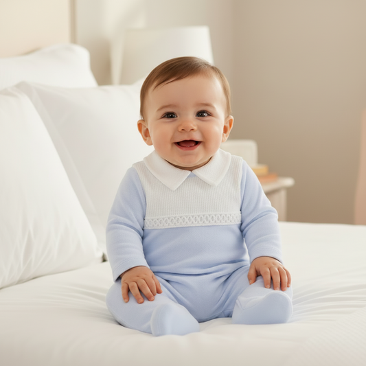 Baby boys Blue Cotton Classic Collar All in One