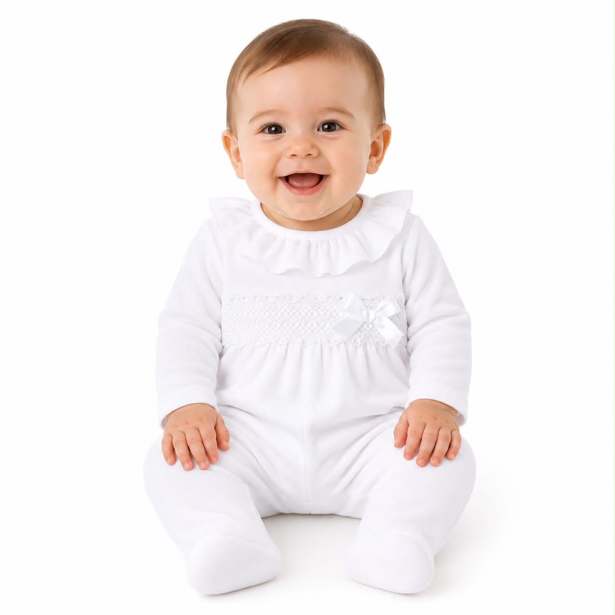 Baby girls Cotton Ruffle Sleepsuit with Lace and Bow Detail