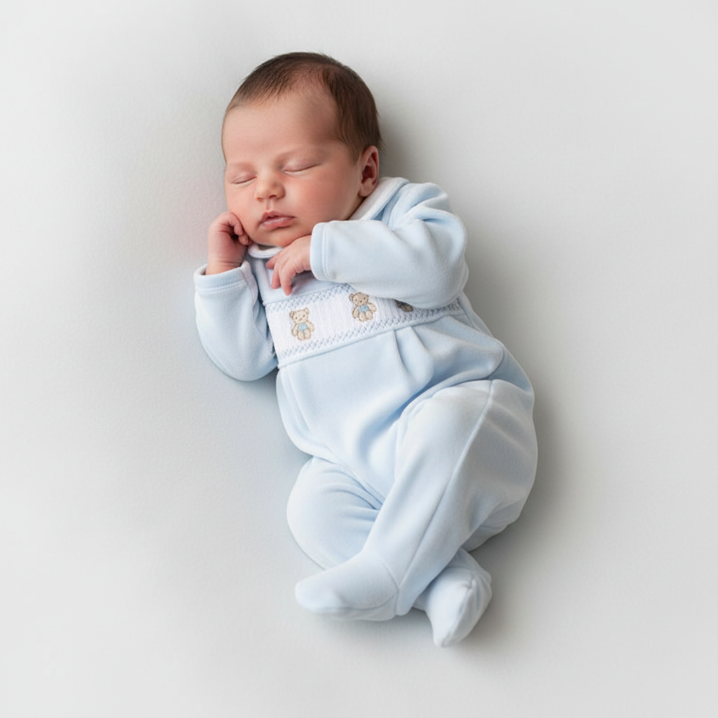 Baby boys Teddy Bear Velour Smocked All In One