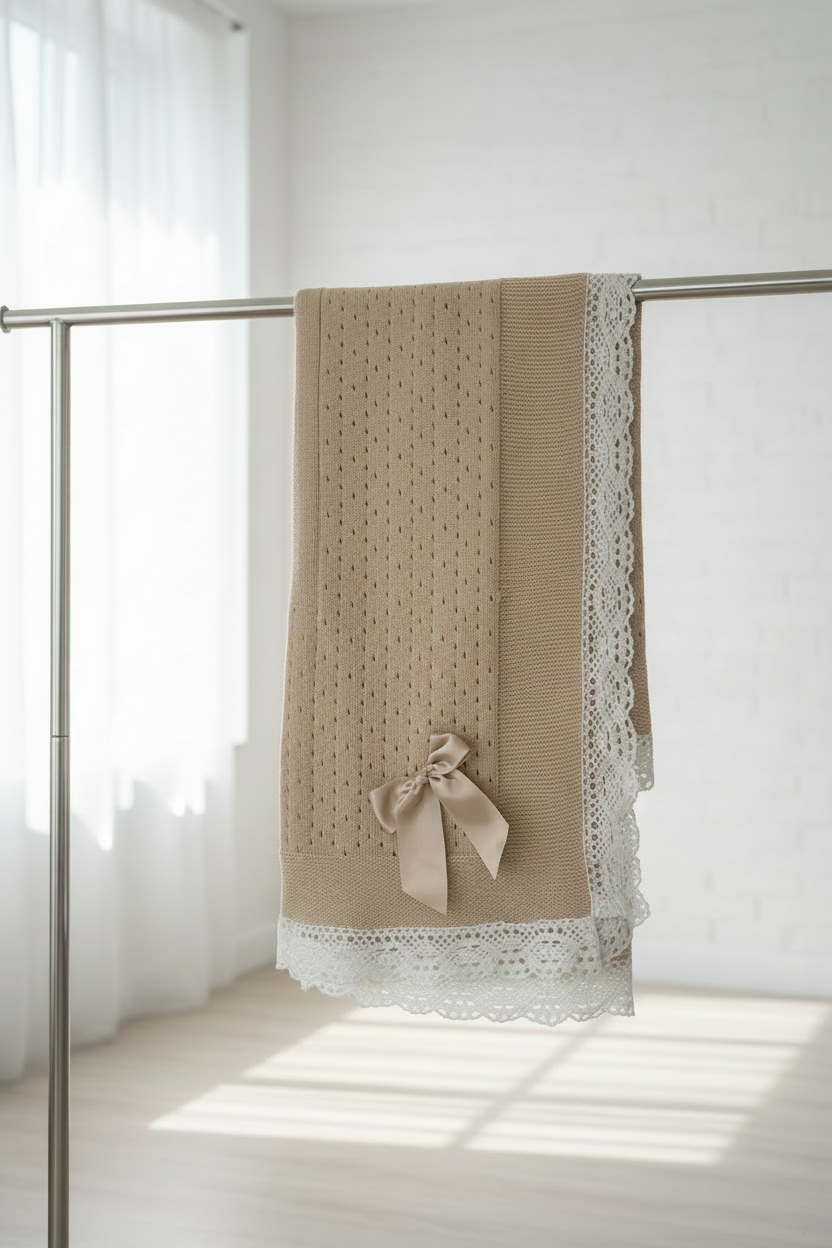 Crochet lace and ribbon shawl - Biscuit with cream trim
