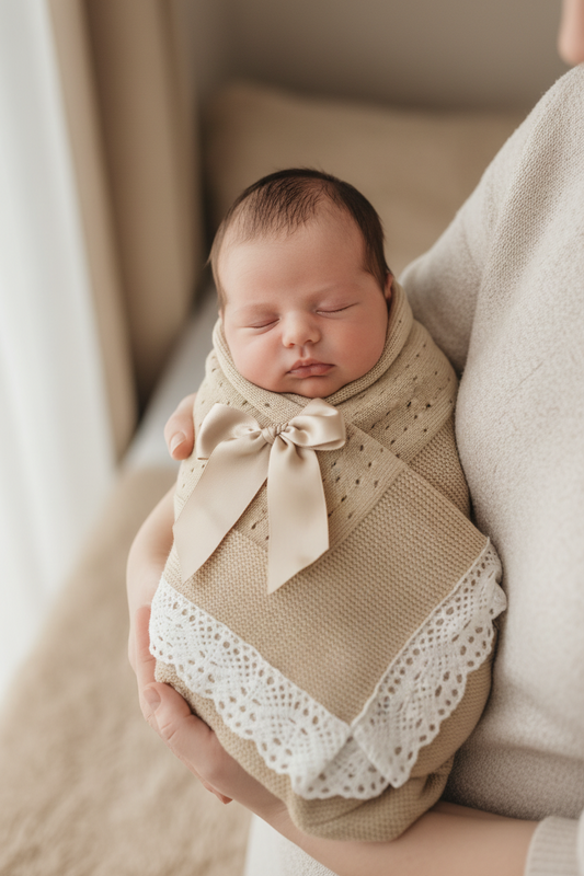 Crochet lace and ribbon shawl - Biscuit with cream trim