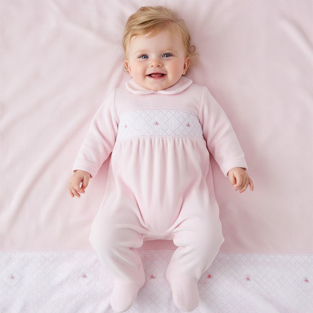 Baby girls Pink Velour Polka Dot Smocked All in One