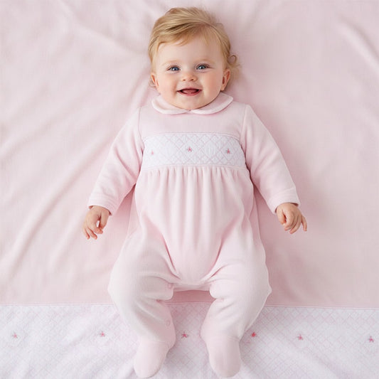 Baby girls Pink Velour Polka Dot Smocked All in One