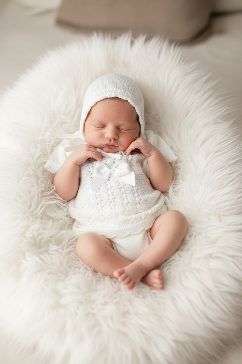 Baby girls white knitted set with bonnet