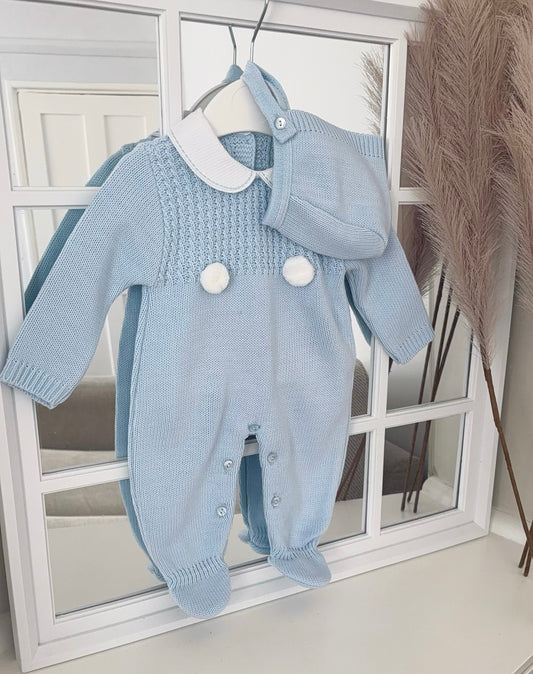 Baby boys knitted all in one with bonnet