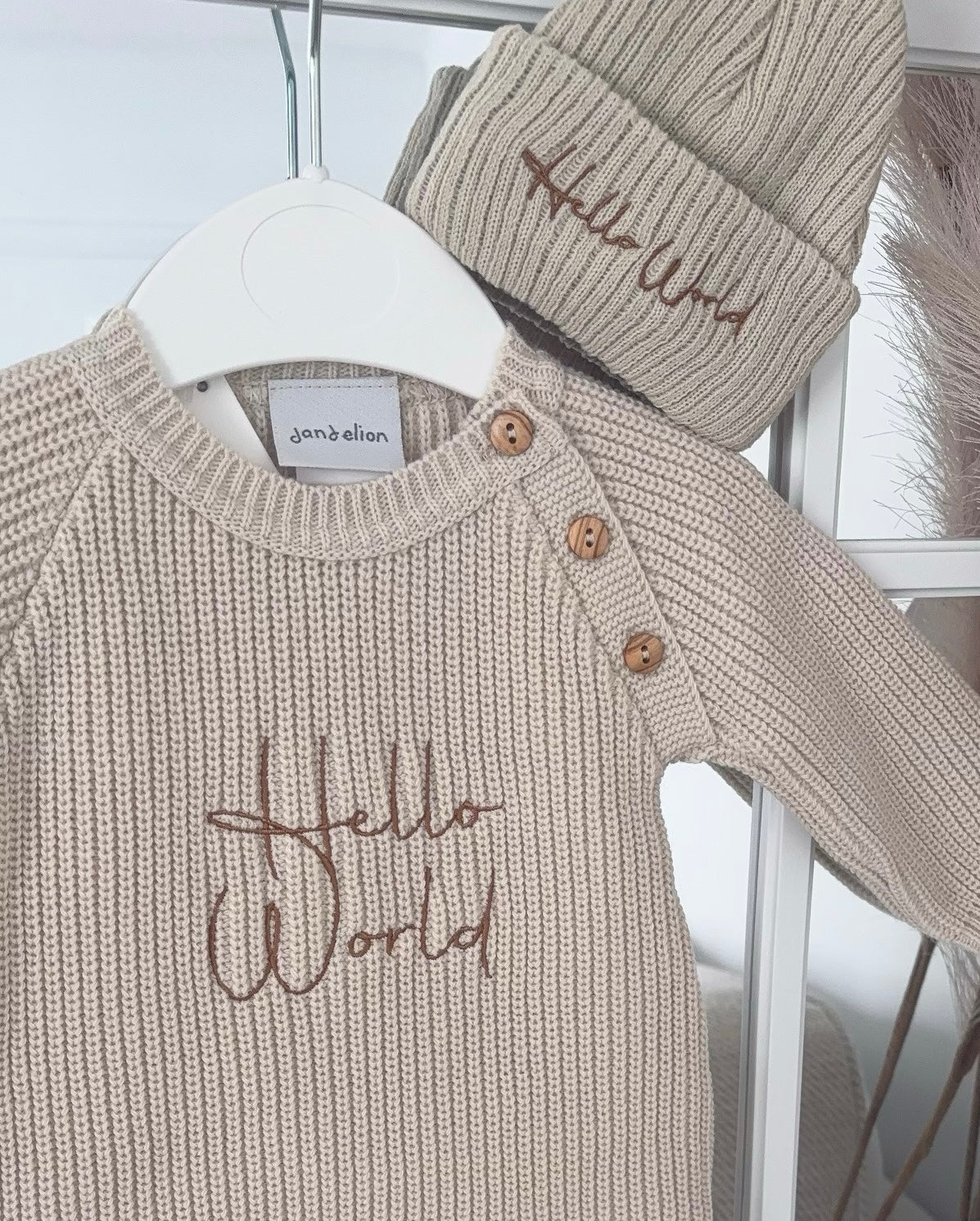 Baby knitted romper with hat “Hello world”