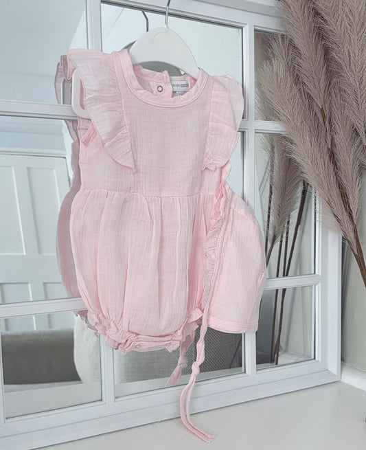 Linen Frills Romper with bonnet