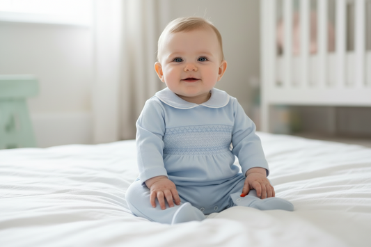 Baby boys sky smocked all in one