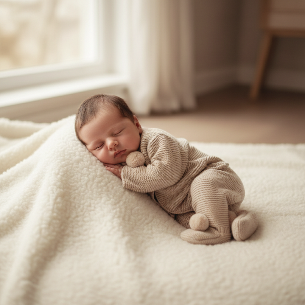 Unisex beige knitted ‘Pompom’ set