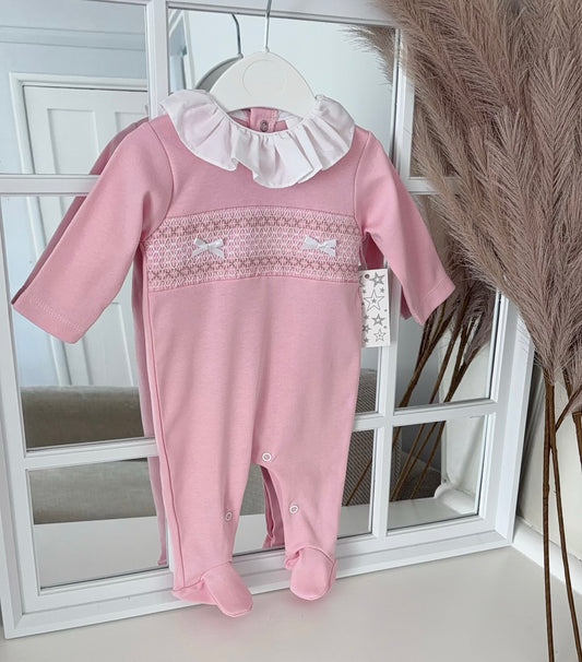 Baby girls smocked all in one with frilled collar