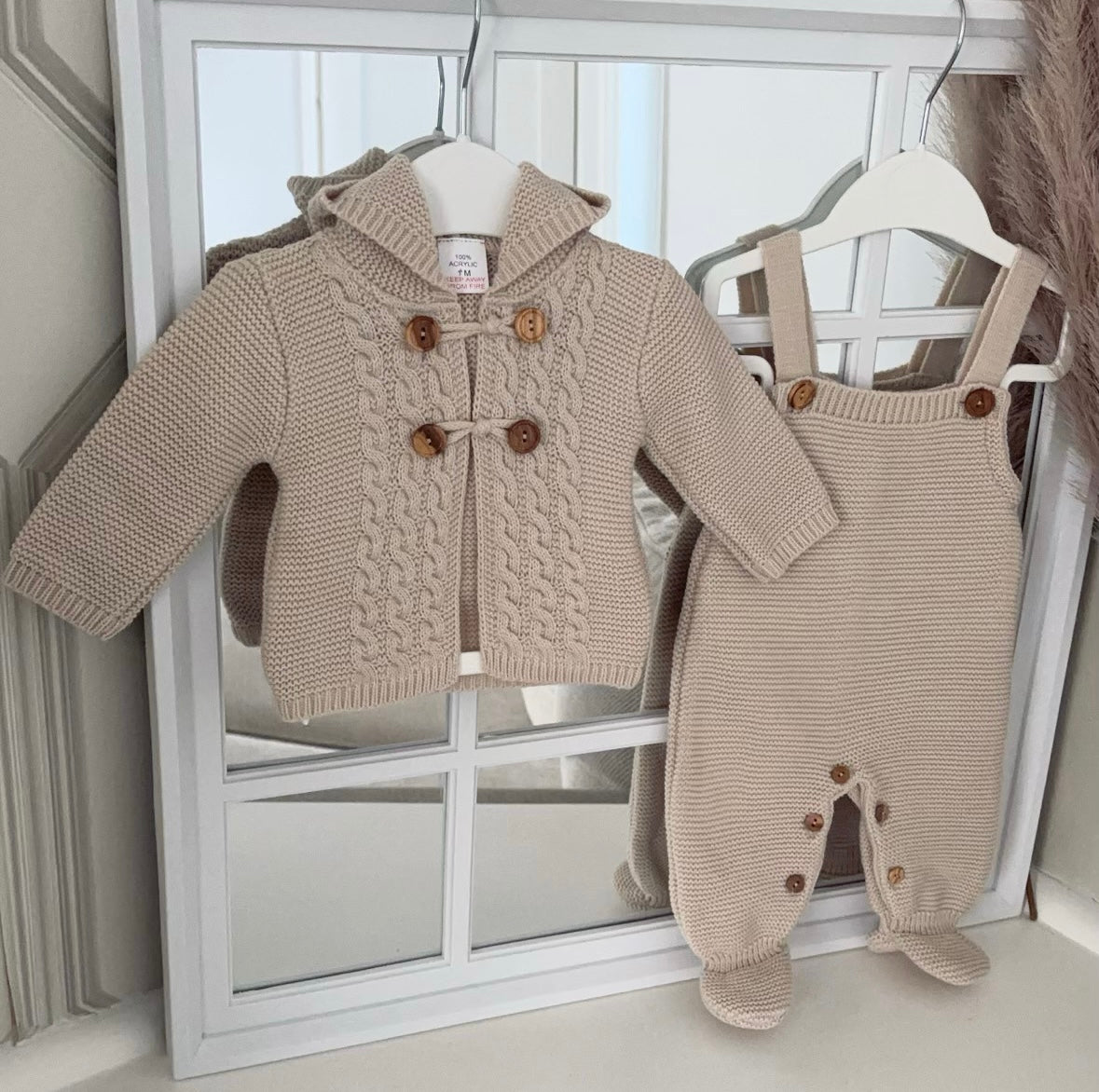 Unisex beige knitted dungarees and cardigan