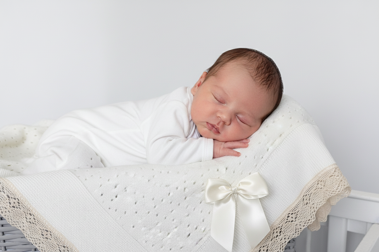 Crochet lace and ribbon shawl - Beige trim with ivory bow