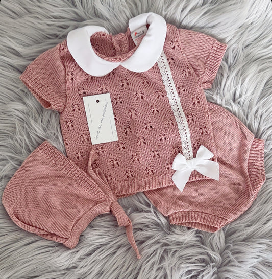 Portuguese rose pink knitted jam set with bonnet - One size newborn-3m