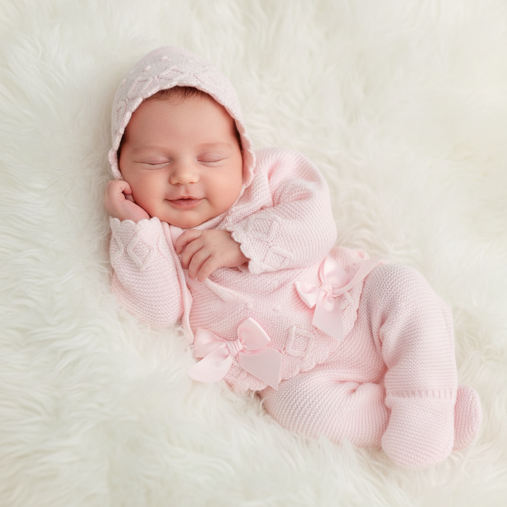 Baby girl’s luxurious knitted set with matching bonnet