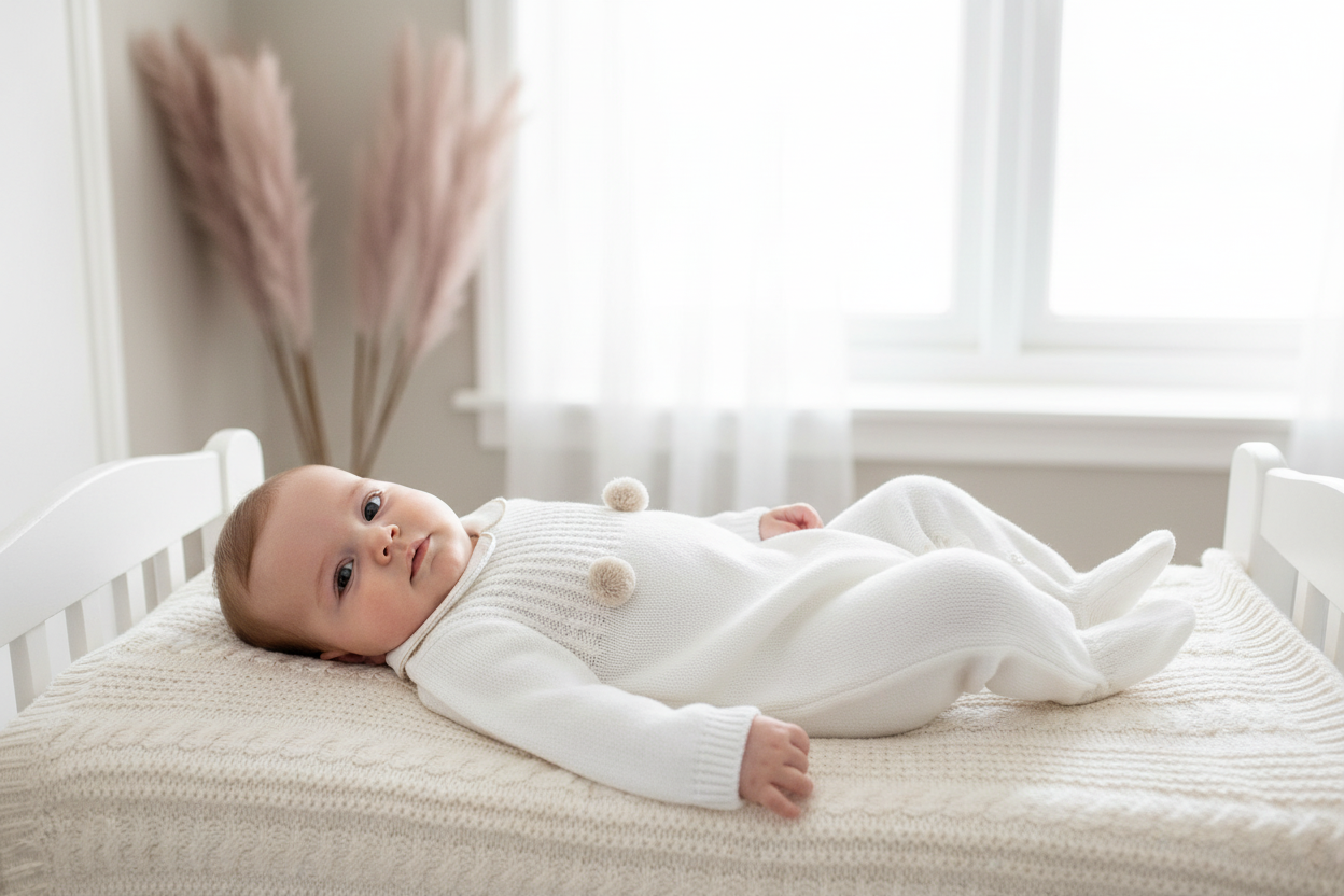 Unisex ivory knitted all in one with bonnet