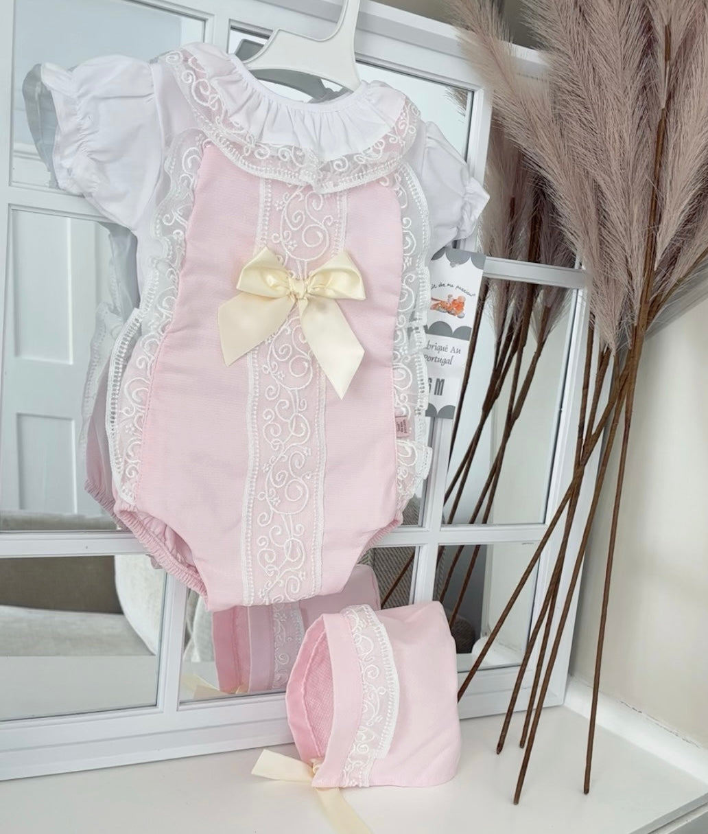 Baby girls lace romper with  blouse & bonnet