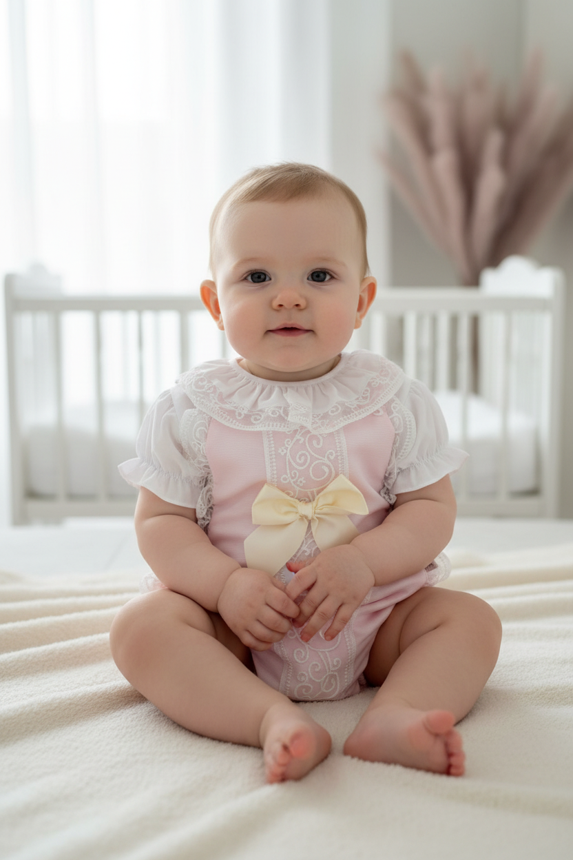 Baby girls lace romper with  blouse & bonnet