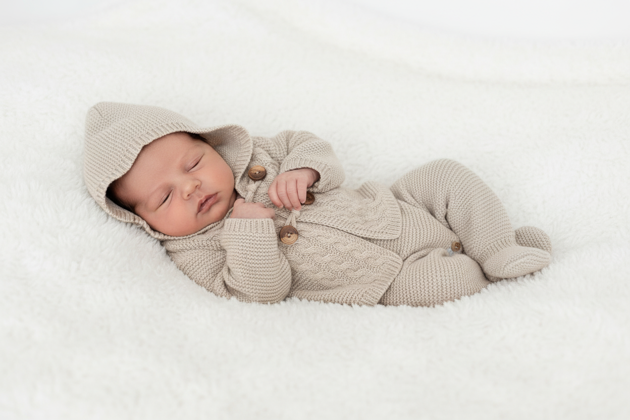 Unisex beige knitted dungarees and cardigan