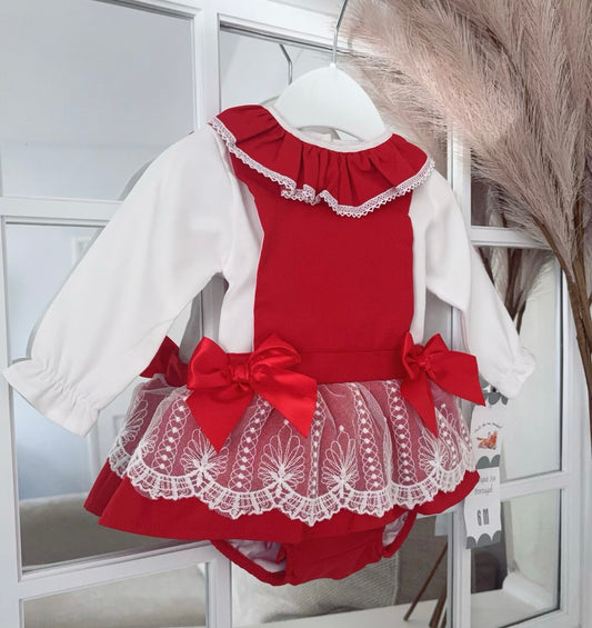 Baby girls red “Penelope” lace pinafore dress and blouse set