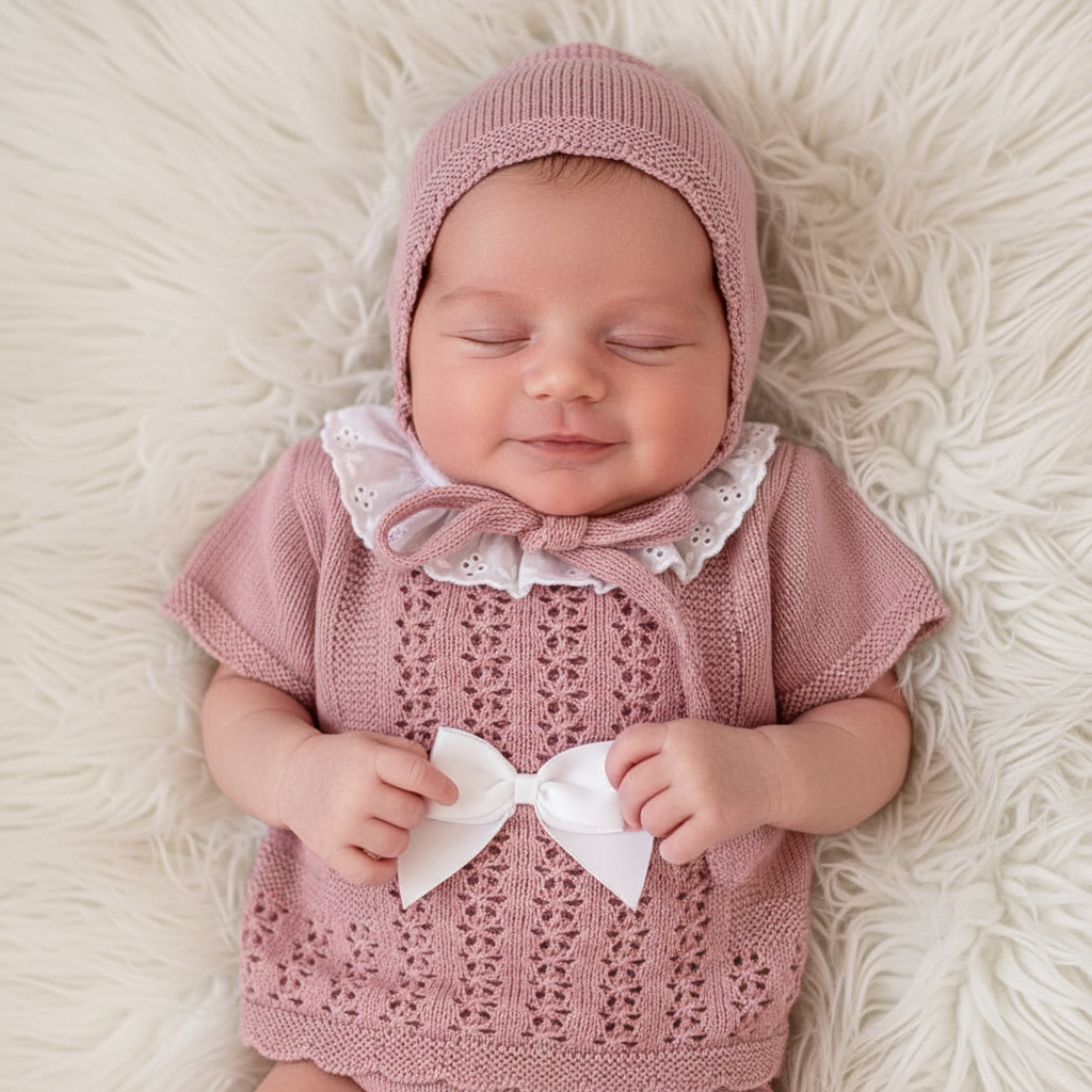 Baby girl’s knitted set with bonnet