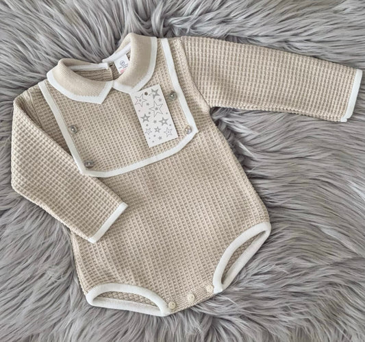 Baby boys beige waffle knit romper with bib