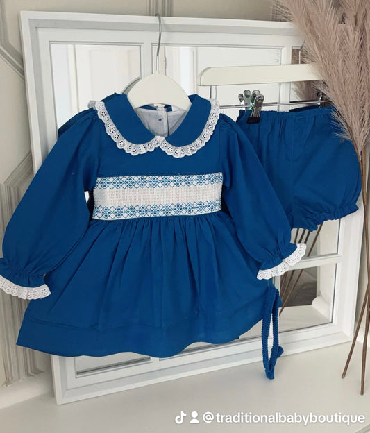 Baby girls royal blue smocked dress set