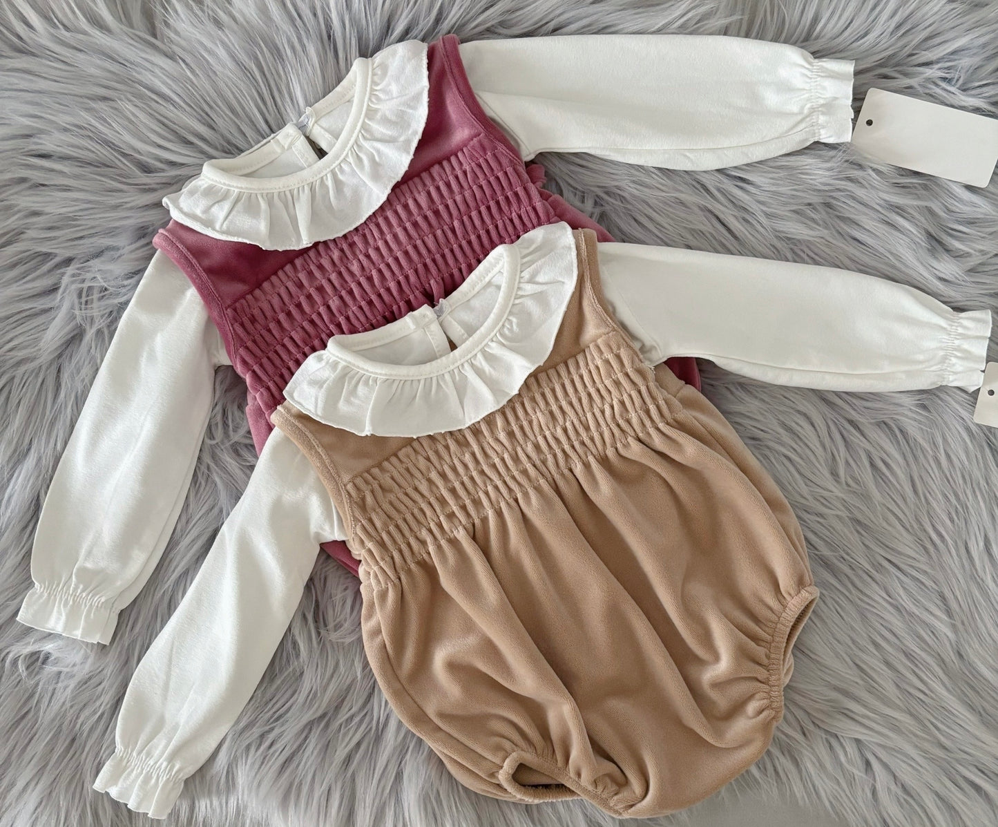 Baby girls beige Velour romper with frilled collar top