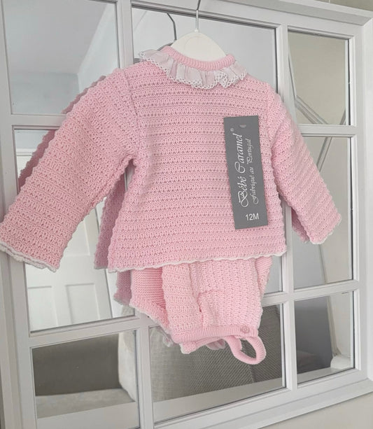 Baby girls knitted jumper with jam pants & bonnet