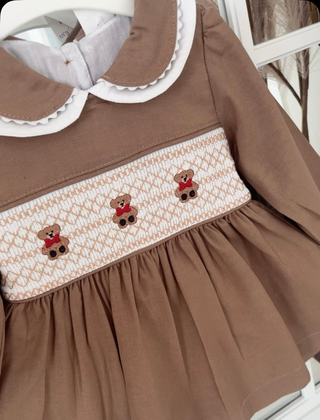 Baby girls smocked “Teddy” dress with headband and knickers