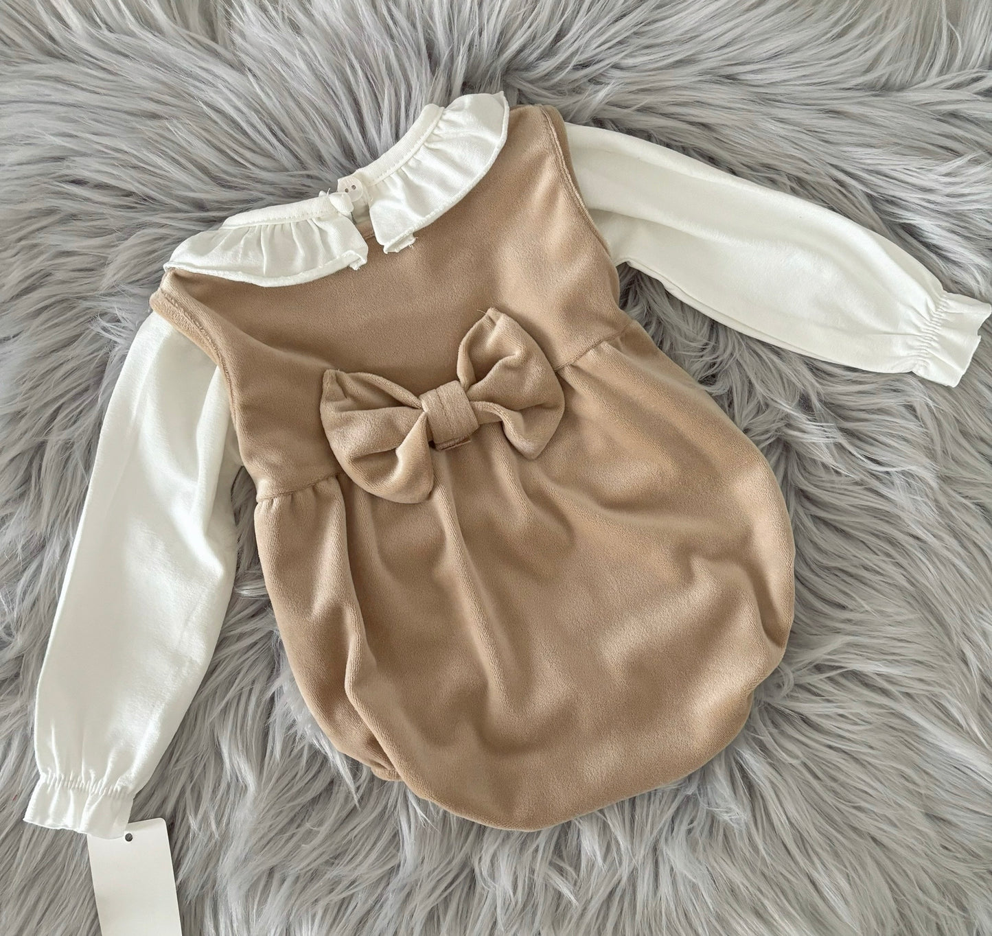 Baby girls beige Velour romper with frilled collar top