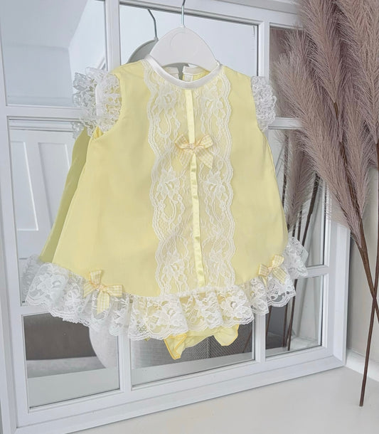 Baby girls lemon lace dress with knickers