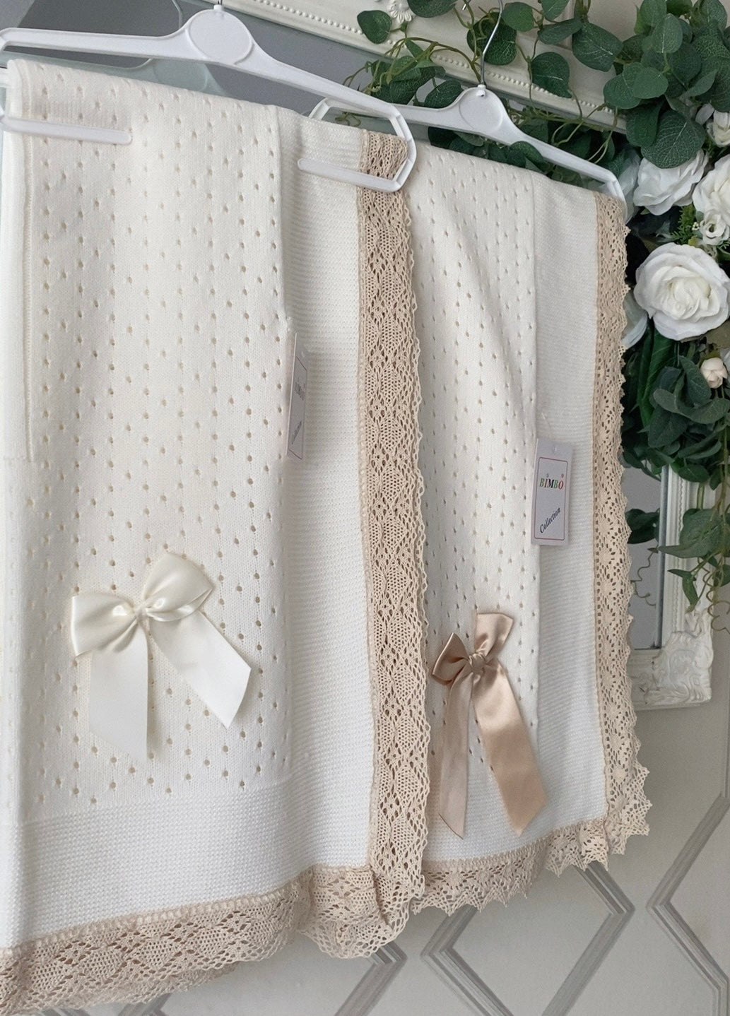 Crochet lace and ribbon shawl - cream with biscuit trim