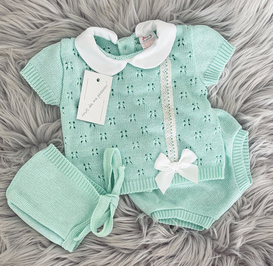 Portuguese mint knitted jam set with bonnet - One size newborn-3m
