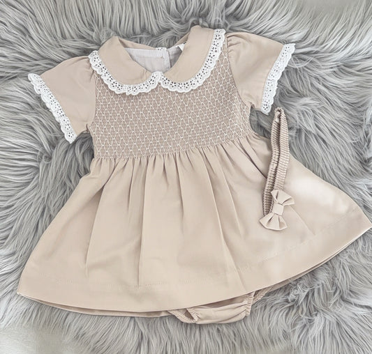 Baby girls smocked dress with knickers & headband
