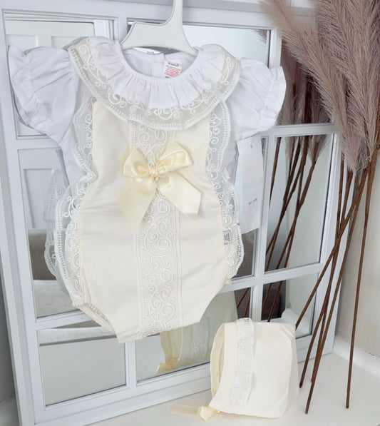 Baby girls lace romper with  blouse & bonnet