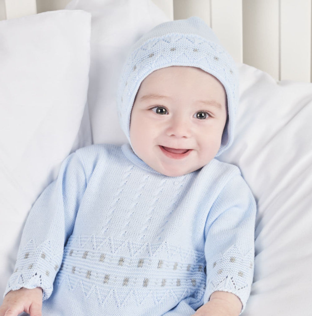 Baby boys dandelion knitted romper with bonnet