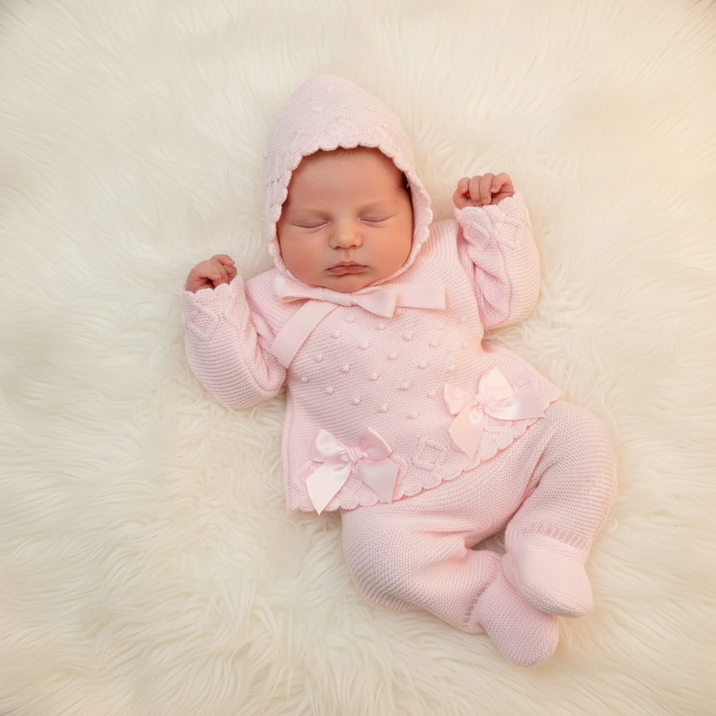 Baby girl’s luxurious knitted set with matching bonnet