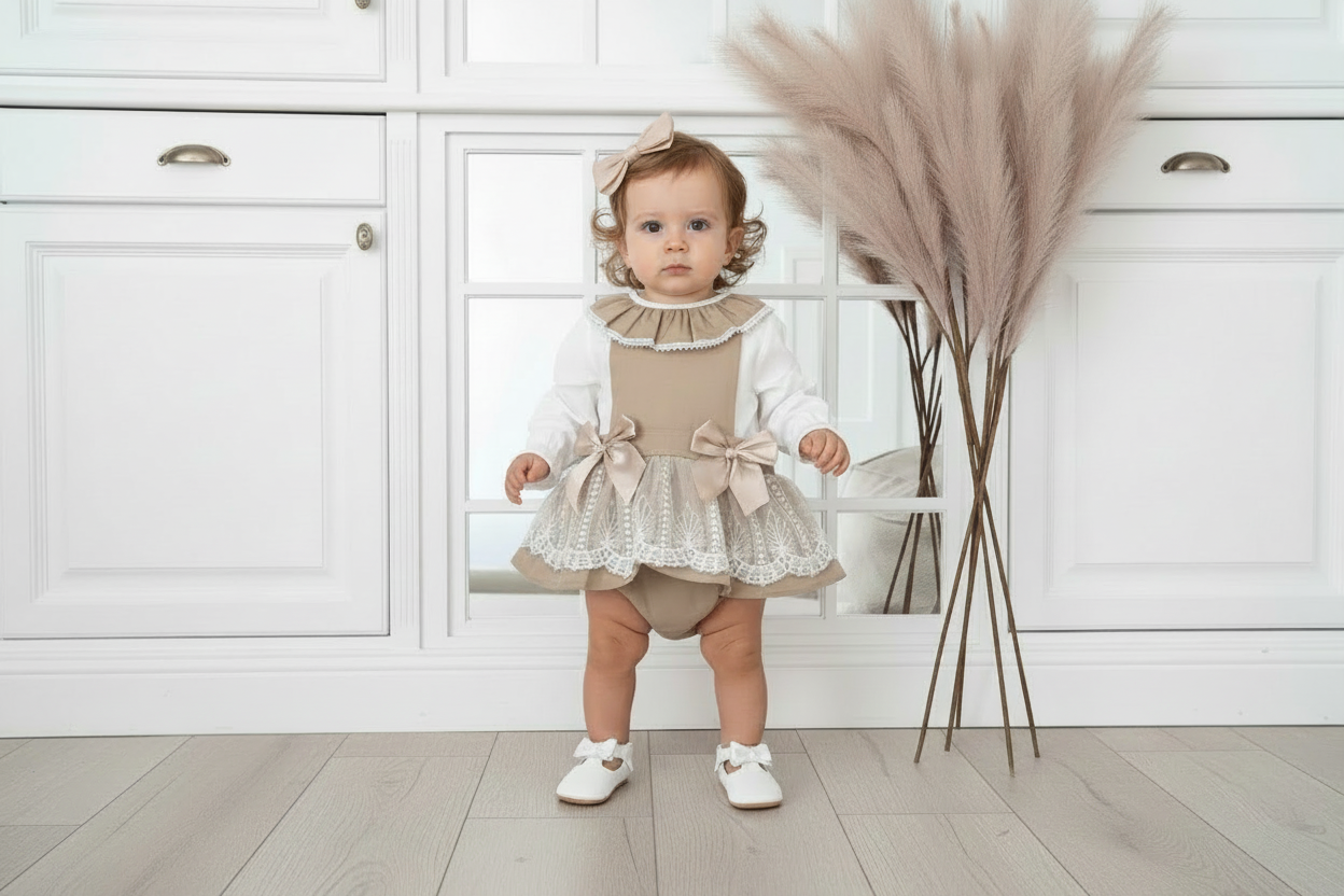 Baby girls beige “Penelope” lace pinafore dress and blouse set