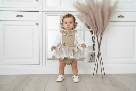 Baby girls beige “Penelope” lace pinafore dress and blouse set
