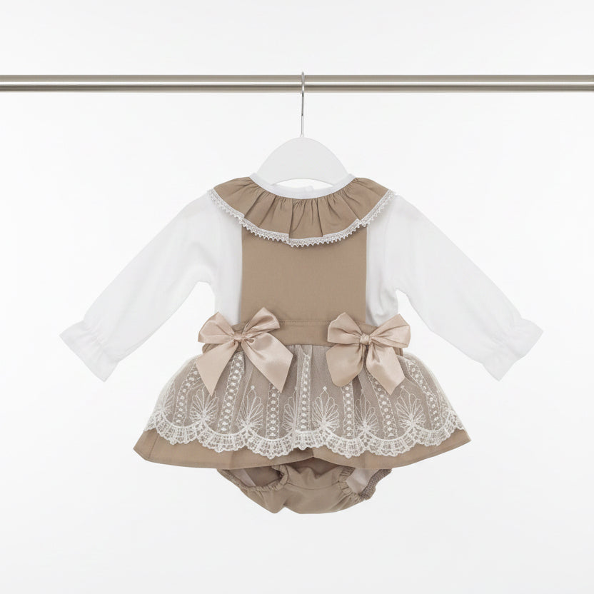 Baby girls beige “Penelope” lace pinafore dress and blouse set