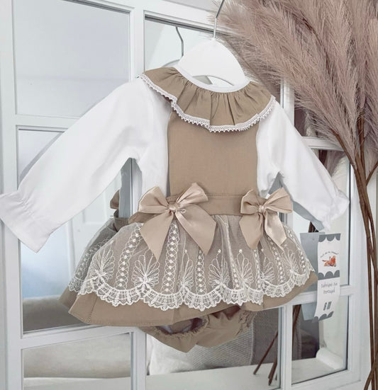 Baby girls beige “Penelope” lace pinafore dress and blouse set